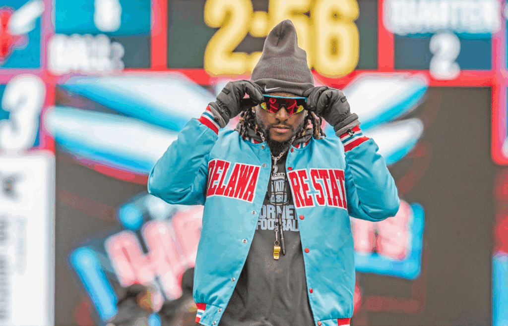 DeSean Jackson, Delaware State's new head coach and former Philadelphia Eagle, is featured during the Red-White intrasquad spring football game at Alumni Stadium in Dover on April 12, 2025