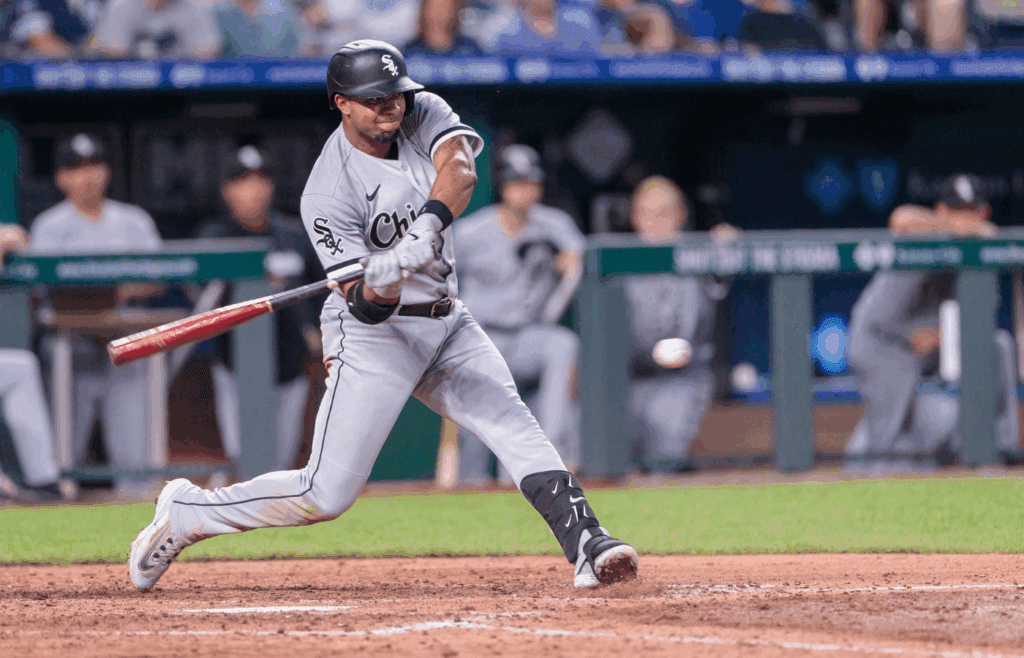 May 10, 2023; Kansas City, Missouri, USA; Chicago White Sox shortstop Elvis Andrus (1) at bat during the seventh inning against the Kansas City Royals at Kauffman Stadium. Mandatory Credit: William Purnell-Imagn Images