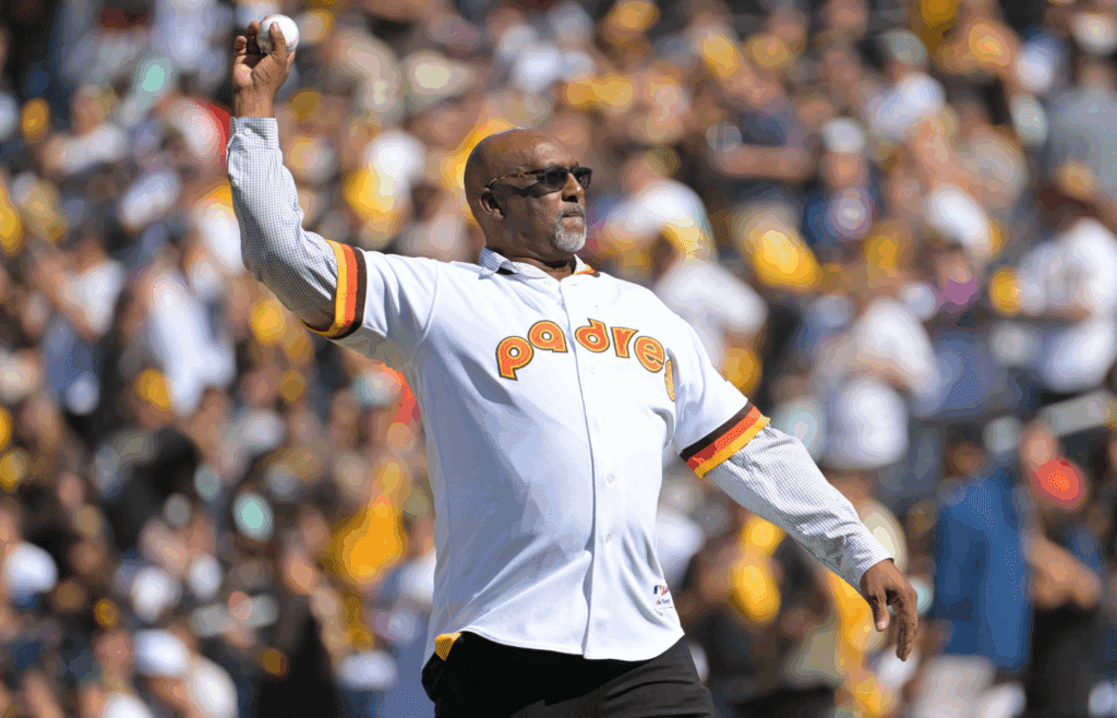 Oct 19, 2022; San Diego, California, USA; Former San Diego Padres play Garry Templeton throws out the first pitch in the game between the San Diego Padres and the Philadelphia Phillies during game two of the NLCS for the 2022 MLB Playoffs at Petco Park. Mandatory Credit: Jayne Kamin-Oncea-Imagn Images
