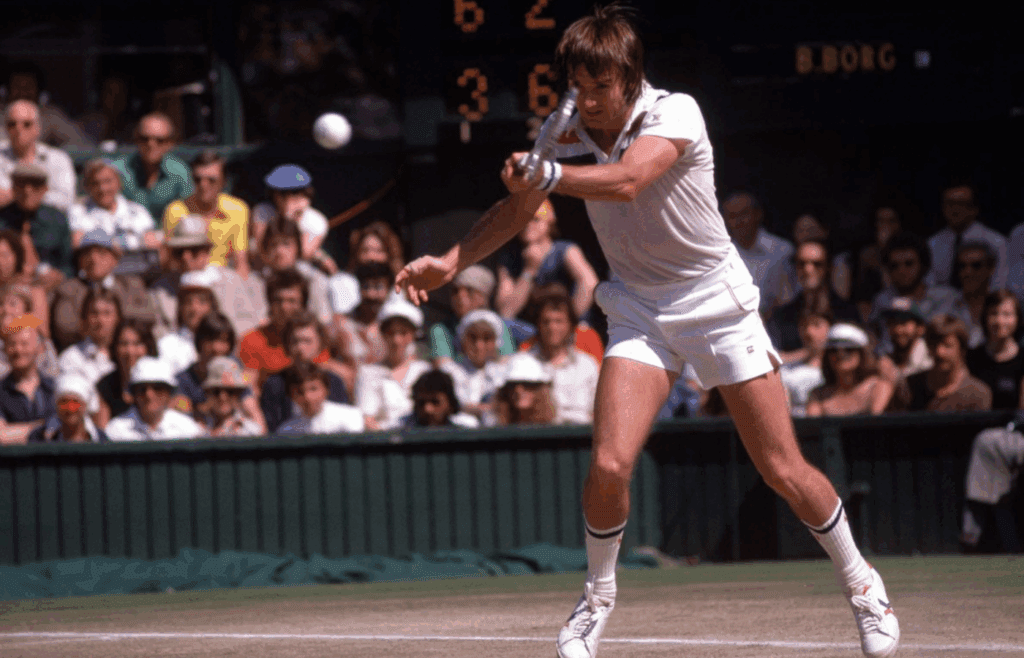 Jul 2, 2977; London, ENGLAND; FILE PHOTO; Jimmy Connors (USA) returns a shot during the 1977 Wimbledon Championships at the All England Lawn Tennis Club. Mandatory Credit: Gerry Cranham/Offside Sports via Imagn Images