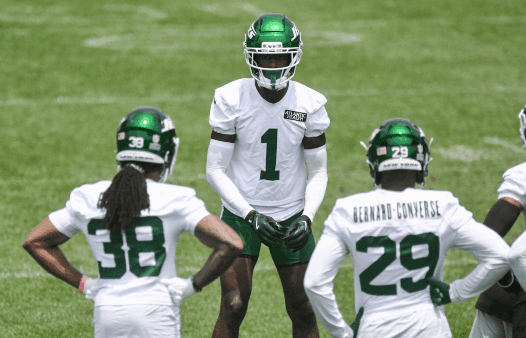 Jun 11, 2025; Florham Park, NY, USA; New York Jets cornerback Sauce Gardner (1) participates in a drill during minicamp at Atlantic Health Jets Training Center. Mandatory Credit: John Jones-Imagn Images