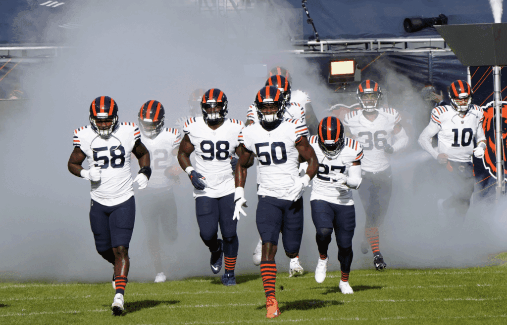 Dec 13, 2020; Chicago, Illinois, USA; Chicago Bears outside linebacker Barkevious Mingo (50) takes the field against the Houston Texans before the game at Soldier Field. Mandatory Credit: Mike Dinovo-Imagn Images