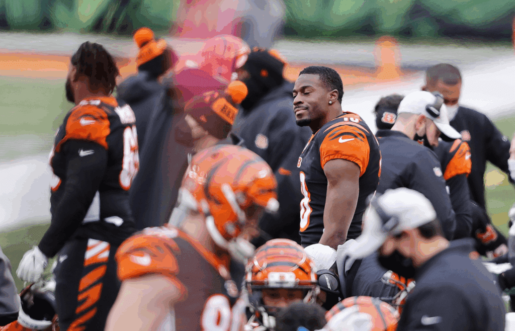 Jan 3, 2021; Cincinnati, Ohio, USA; Cincinnati Bengals wide receiver A.J. Green (18) during the second half against the Baltimore Ravens at Paul Brown Stadium. Mandatory Credit: Joseph Maiorana-Imagn Images