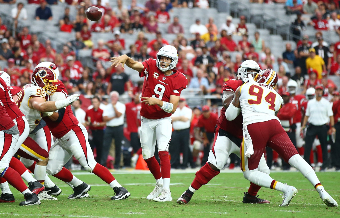 Sep 9, 2018; Glendale, AZ, USA; Arizona Cardinals quarterback Sam Bradford (9) against the Washington Redskins at University of Phoenix Stadium. Mandatory Credit: Mark J. Rebilas-Imagn Images