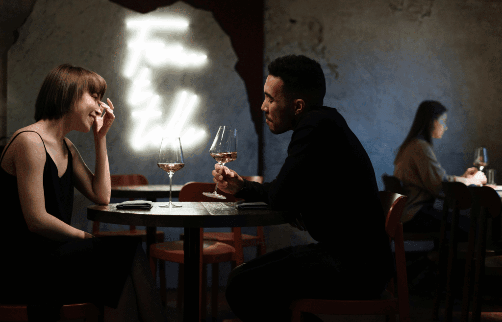 Man admiring woman’s grounded charm on date