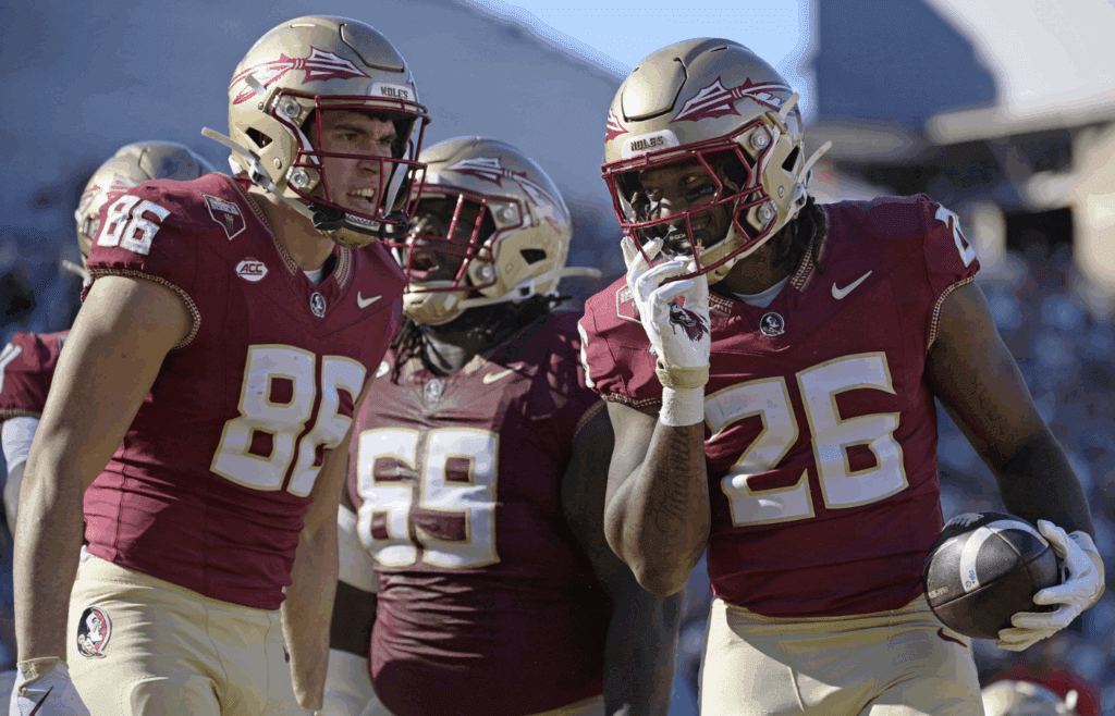 Nov 23, 2024; Tallahassee, Florida, USA; Florida State Seminoles running back Caziah Holmes (26) celebrates a touchdown run during the second half against the Charleston Southern Buccaneers at Doak S. Campbell Stadium. Mandatory Credit: Melina Myers-Imagn Images