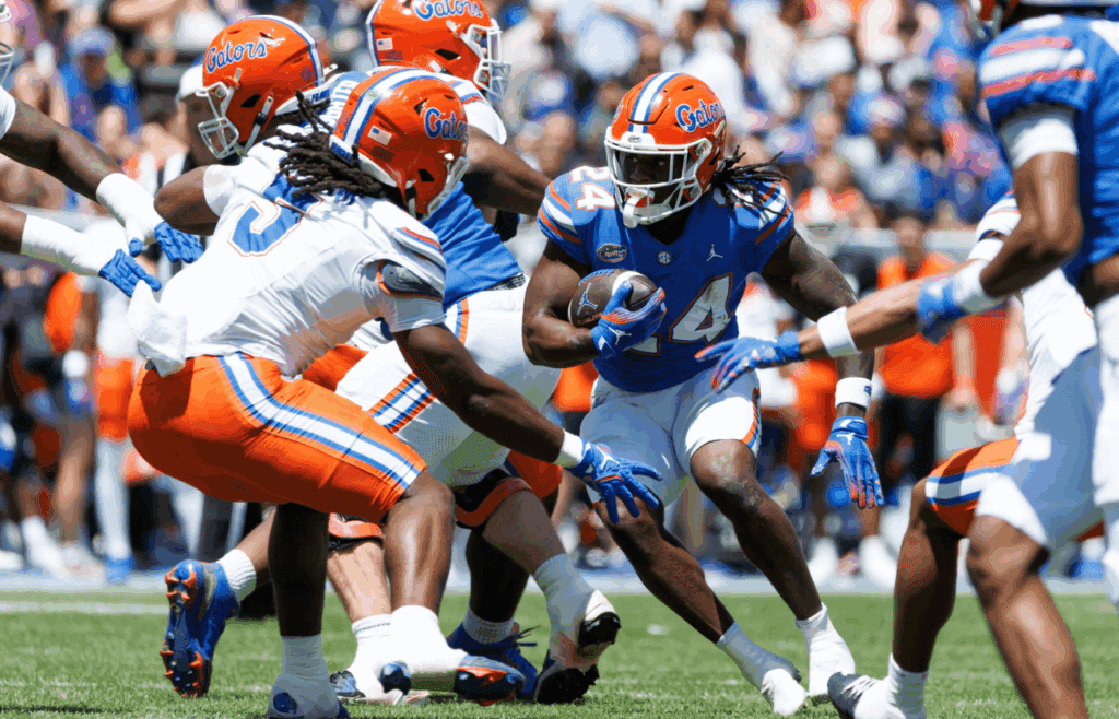 Apr 12, 2025; Gainesville, FL, USA; Florida Gators running back Ja'Kobi Jackson (24) runs with the ball during the first half at Ben Hill Griffin Stadium. Mandatory Credit: Matt Pendleton-Imagn Images