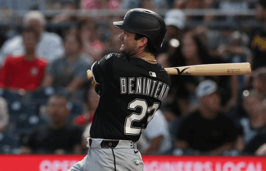 Jul 18, 2025; Pittsburgh, Pennsylvania, USA; Chicago White Sox designated hitter Andrew Benintendi (23) hits an RBI single against the Pittsburgh Pirates during the seventh inning at PNC Park. Mandatory Credit: Charles LeClaire-Imagn Images