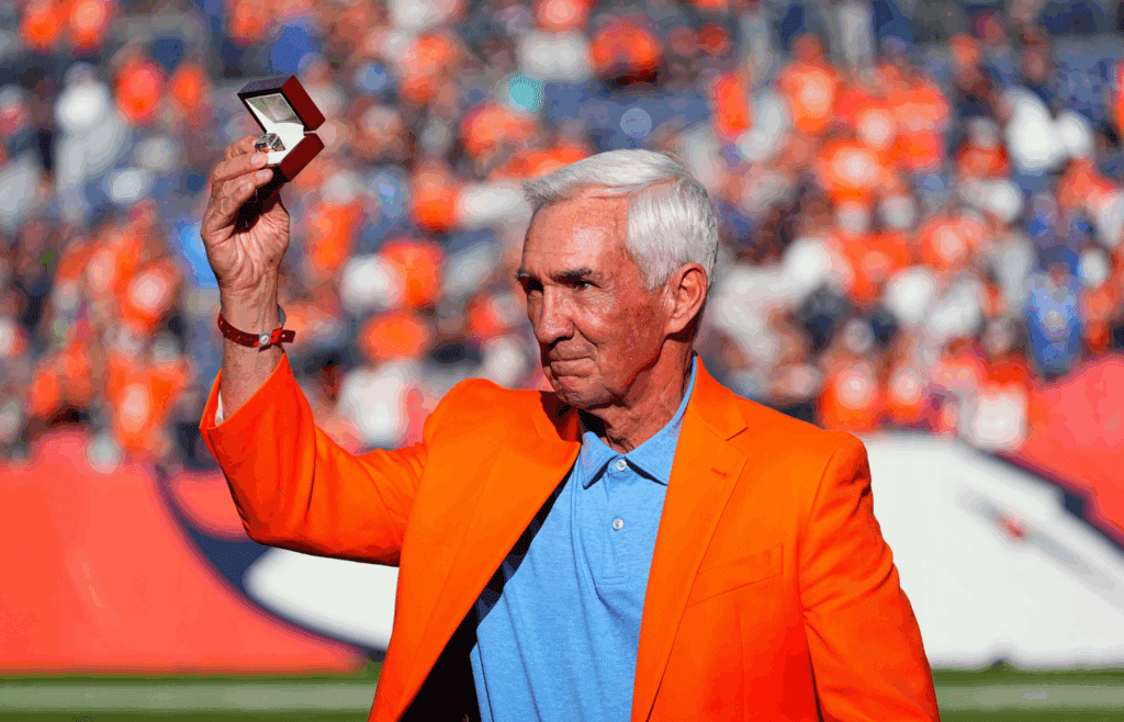 Oct 17, 2021; Denver, Colorado, USA; Former Denver Broncos head coach and Ring of Fame induction of Mike Shanahan during the game against the Las Vegas Raiders at Empower Field at Mile High. Mandatory Credit: Ron Chenoy-Imagn Images