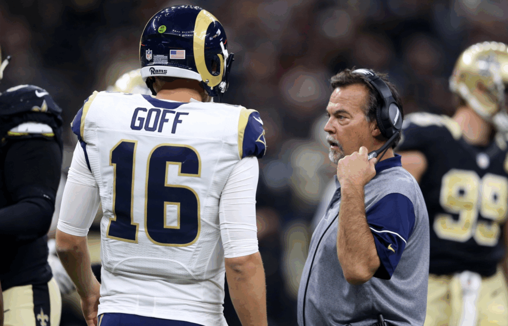 Nov 27, 2016; New Orleans, LA, USA; Los Angeles Rams quarterback Jared Goff (16) talks to head coach Jeff Fisher in the second quarter against the New Orleans Saints at the Mercedes-Benz Superdome. Mandatory Credit: Chuck Cook-Imagn Images