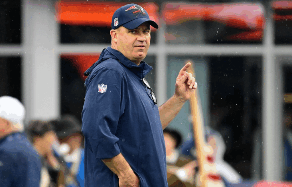 Sep 10, 2023; Foxborough, Massachusetts, USA; New England Patriots offensive coordinator / quarterbacks coach Bill OBrien prepares for a game against the Philadelphia Eagles during the warm-up period at Gillette Stadium. Mandatory Credit: Eric Canha-Imagn Images