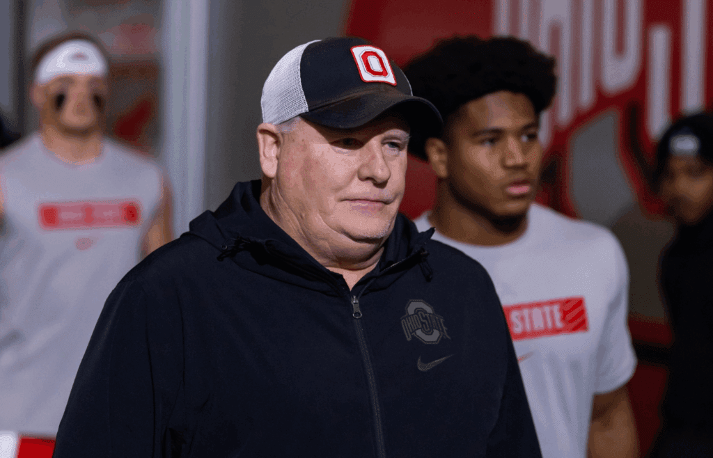 Jan 20, 2025; Atlanta, GA, USA; Ohio State Buckeyes offensive coordinator Chip Kelly against the Notre Dame Fighting Irish during the CFP National Championship college football game at Mercedes-Benz Stadium. Mandatory Credit: Mark J. Rebilas-Imagn Images