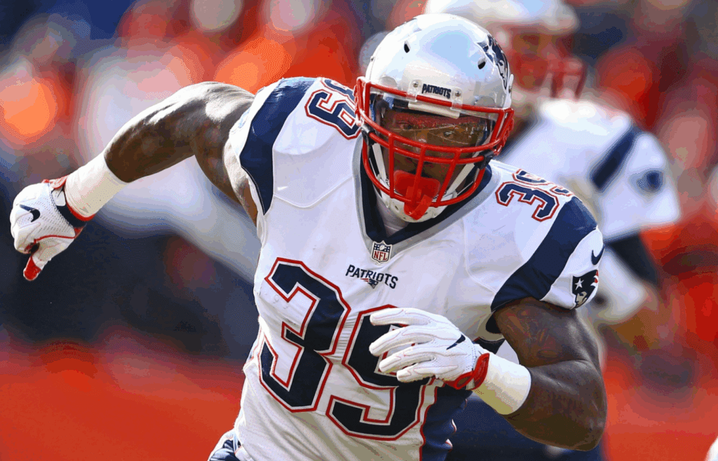Jan 24, 2016; Denver, CO, USA; New England Patriots running back Steven Jackson (39) against the Denver Broncos in the AFC Championship football game at Sports Authority Field at Mile High. Mandatory Credit: Mark J. Rebilas-Imagn Images