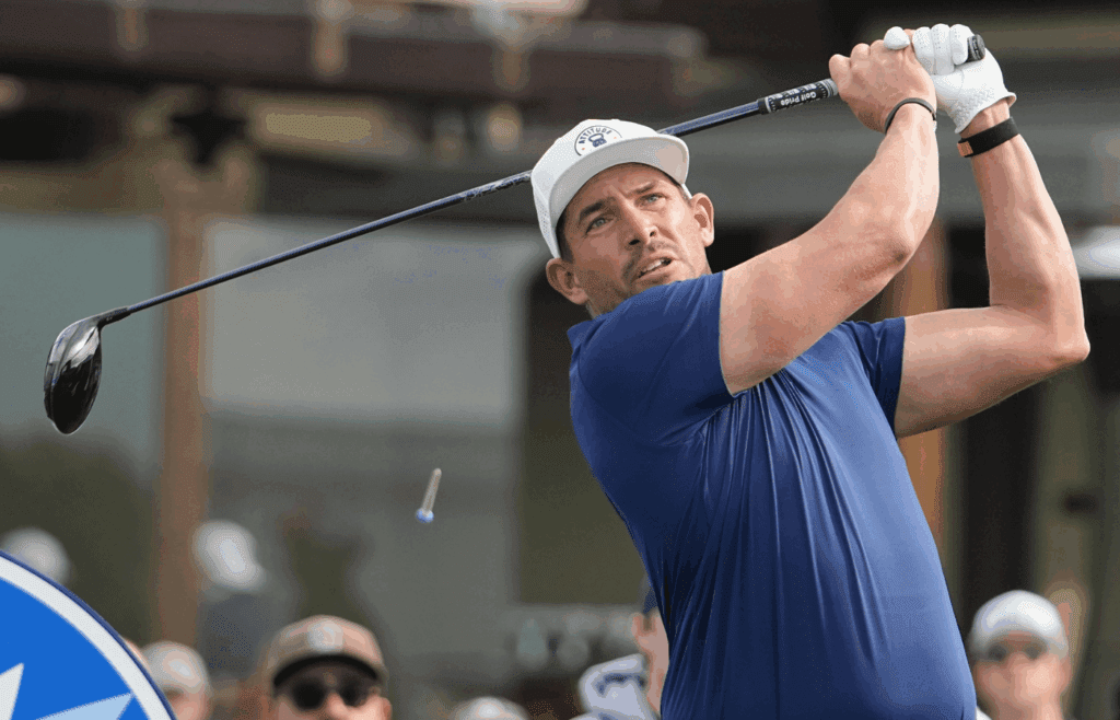 Jan 26, 2024; San Diego, California, USA; Scott Stallings hits his tee shot on the first hole during the third round of the Farmers Insurance Open golf tournament at Torrey Pines Municipal Golf Course - South Course. Mandatory Credit: Ray Acevedo-Imagn Images