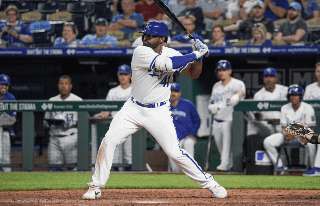 May 8, 2023; Kansas City, Missouri, USA; Kansas City Royals center fielder Jackie Bradley Jr. (41) at bat against the Chicago White Sox during a game at Kauffman Stadium. Mandatory Credit: Denny Medley-Imagn Images