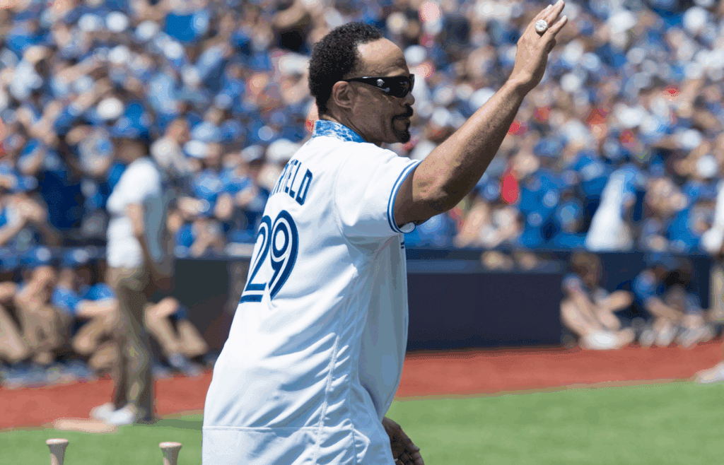 May 29, 2016; Toronto, Ontario, CAN; Toronto Blue Jays former player and alumni Jesse Barfield acknowledges the crowd during the 40th season ceremonies before a game against the Boston Red Sox at Rogers Centre. The Boston Red Sox won 5-3. Mandatory Credit: Nick Turchiaro-Imagn Images