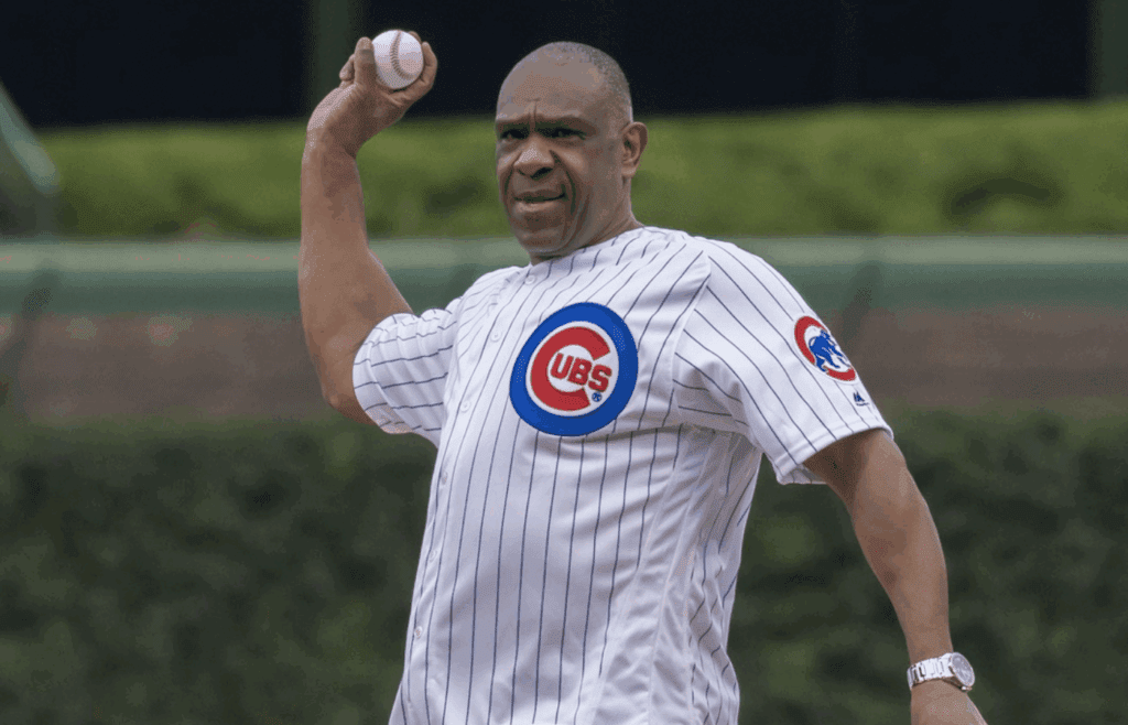 Sep 28, 2018; Chicago, IL, USA; Chicago Cubs hall of famer Andre Dawson throws out a ceremonial first pitch prior to a game between the Chicago Cubs and the St. Louis Cardinals at Wrigley Field. Mandatory Credit: Patrick Gorski-Imagn Images