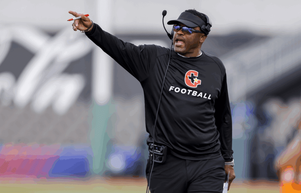 Apr 30, 2022; Birmingham, AL, USA; Houston Gamblers head coach Kevin Sumlin argues with the referees during the first half at Protective Stadium. Mandatory Credit: Vasha Hunt-Imagn Images