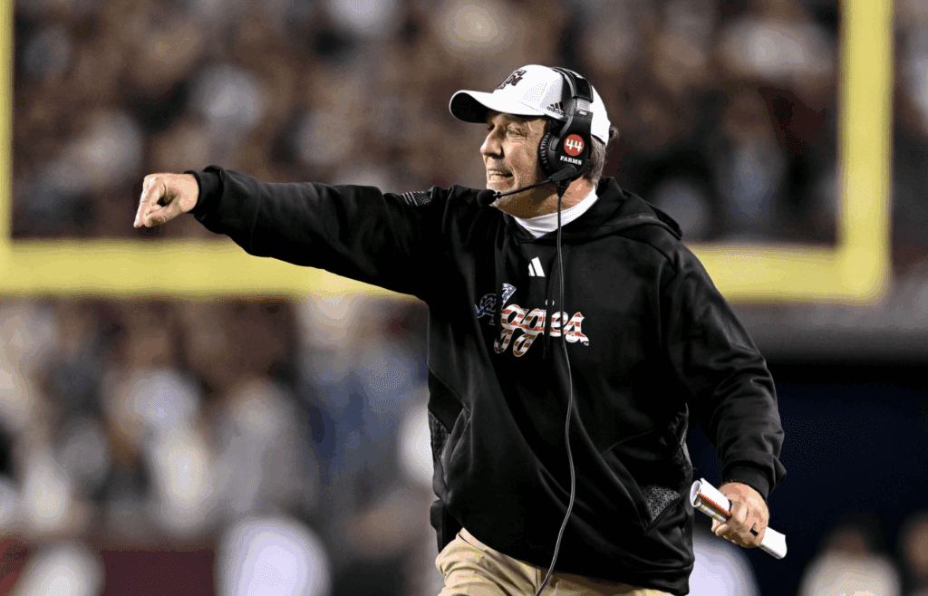 Nov 11, 2023; College Station, Texas, USA; Texas A&M Aggies head coach Jimbo Fisher reacts to a call during the second quarter against the Mississippi State Bulldogs at Kyle Field. Mandatory Credit: Maria Lysaker-Imagn Images
