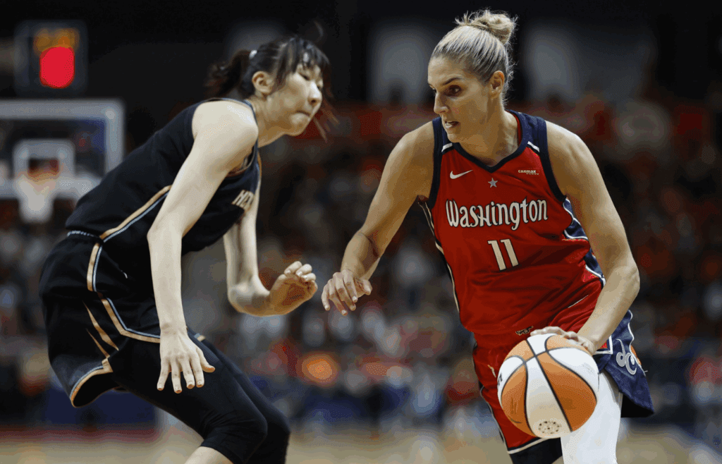 May 19, 2023; Washington, District of Columbia, USA; Washington Mystics forward Elena Delle Donne (11) drives to the basket as New York Liberty center Han Xu (21) defends in the fourth quarter at Entertainment & Sports Arena. Mandatory Credit: Geoff Burke-Imagn Images