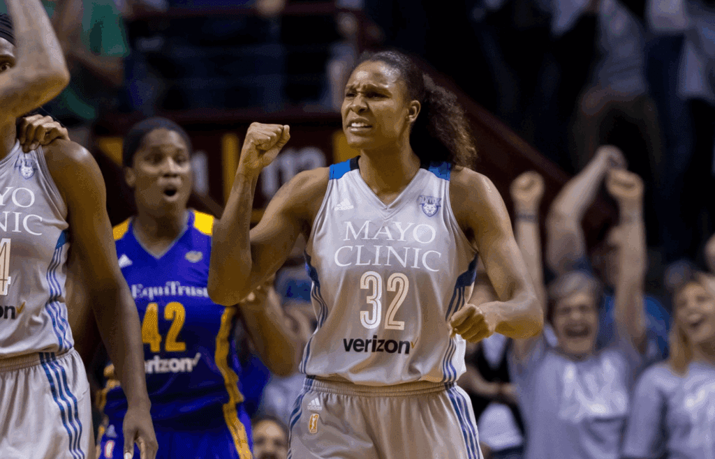 Oct 4, 2017; Minneapolis, MN, USA; Minnesota Lynx forward Rebekkah Brunson (32) celebrates after a basket in the fourth quarter against the Los Angeles Sparks in Game 5 of the WNBA Finals at Williams Arena. Mandatory Credit: Brad Rempel-Imagn Images