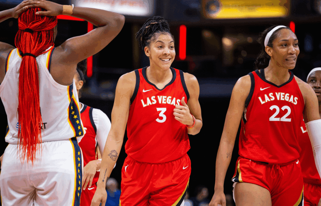 Jun 4, 2023; Indianapolis, Indiana, USA; Las Vegas Aces forward Candace Parker (3) celebrates the win against the Indiana Fever at Gainbridge Fieldhouse. Mandatory Credit: Trevor Ruszkowski-Imagn Images