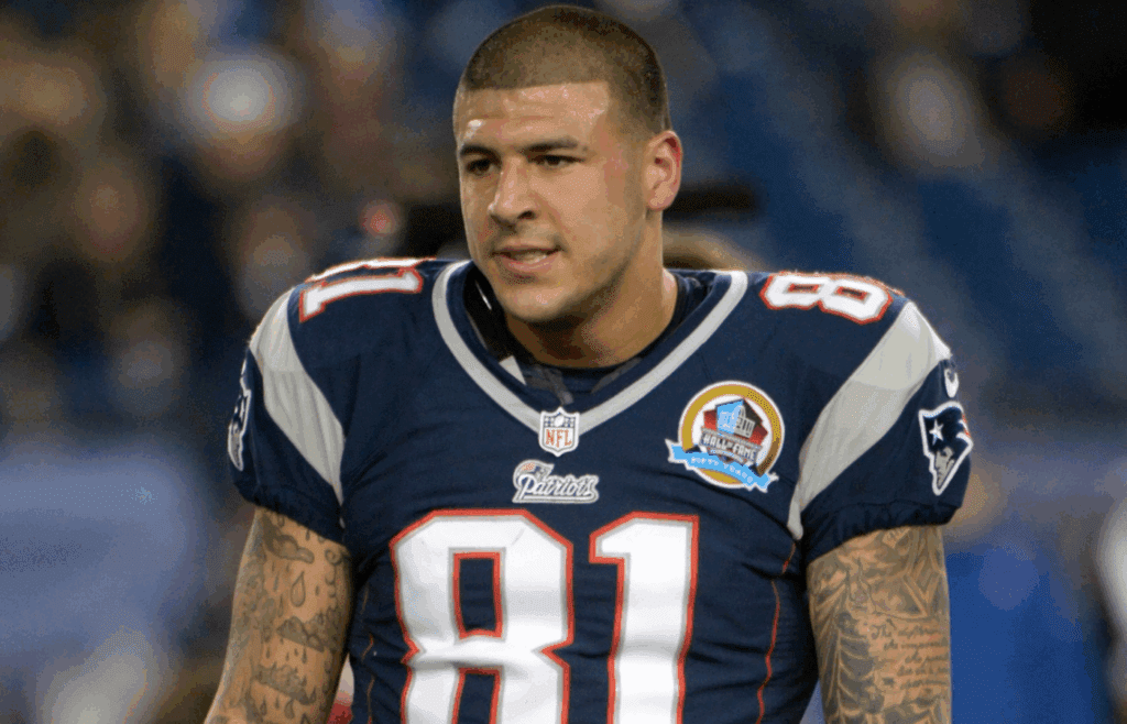 Dec 10, 2012; Foxboro, MA, USA; New England Patriots tight end Aaron Hernandez (81) during the game against the Houston Texans at Gillette Stadium. The Patriots defeated the Texans 42-14. Mandatory Credit: Kirby Lee/Image of Sport-Imagn Images