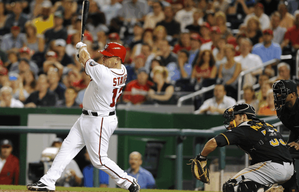 July 01, 2011; Washington, DC, USA; Washington Nationals outfielder Matt Stairs (12) watches his walk-off single to beat the Pittsburgh Pirates during the ninth inning at Nationals Park. Mandatory Credit: Brad Mills-Imagn Images
