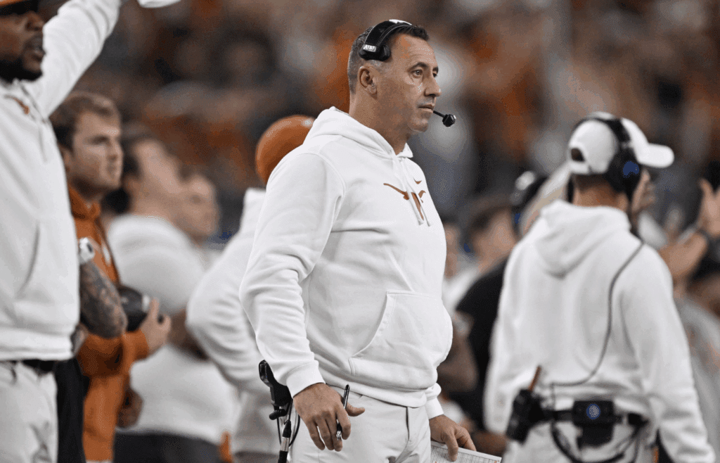 Jan 10, 2025; Arlington, Texas, USA; Texas Longhorns head coach Steve Sarkisian during the second quarter of the College Football Playoff semifinal against the Ohio State Buckeyes in the Cotton Bowl at AT&T Stadium. Mandatory Credit: Jerome Miron-Imagn Images