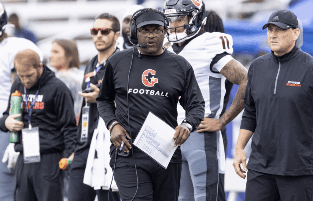 Apr 17, 2022; Birmingham, AL, USA; Houston Gamblers head coach Kevin Sumlin paces the sideline in the first quarter at Protective Stadium. Mandatory Credit: Vasha Hunt-Imagn Images