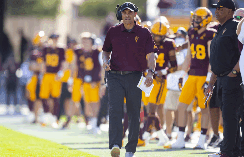 Nov 27, 2021; Tempe, Arizona, USA; Arizona State Sun Devils head coach Herm Edwards against the Arizona Wildcats at Sun Devil Stadium. Mandatory Credit: Mark J. Rebilas-Imagn Images