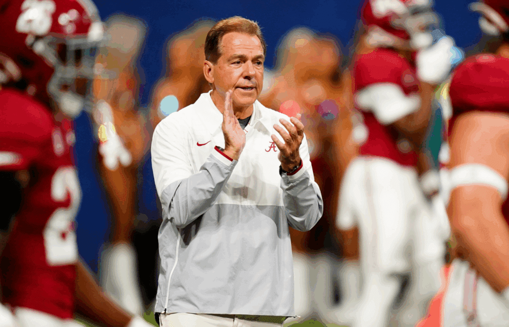 Dec 2, 2023; Atlanta, GA, USA; Alabama Crimson Tide head coach Nick Saban looks on before the SEC Championship game against the Georgia Bulldogs at Mercedes-Benz Stadium. Mandatory Credit: John David Mercer-Imagn Images