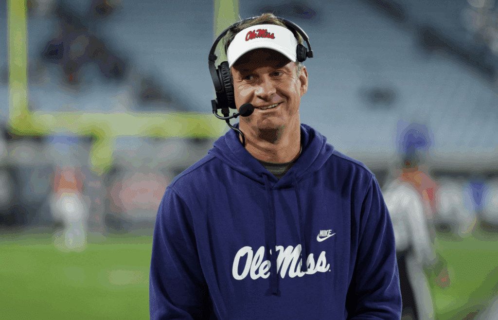 Jan 2, 2025; Jacksonville, FL, USA; Mississippi Rebels head coach Lane Kiffin looks on against the Duke Blue Devils in the fourth quarter during the Gator Bowl at EverBank Stadium. Mandatory Credit: Nathan Ray Seebeck-Imagn Images