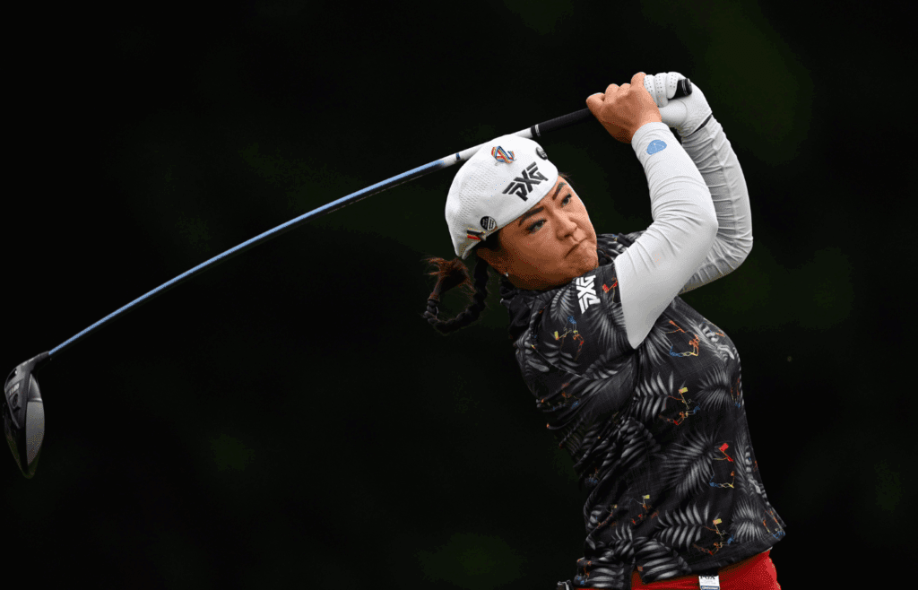 Jun 24, 2021; John's Creek, Georgia, USA; Christina Kim plays her shot from the second tee during the first round of the KPMG Women's PGA Championship golf tournament at the Atlanta Athletic Club. Mandatory Credit: Adam Hagy-Imagn Images