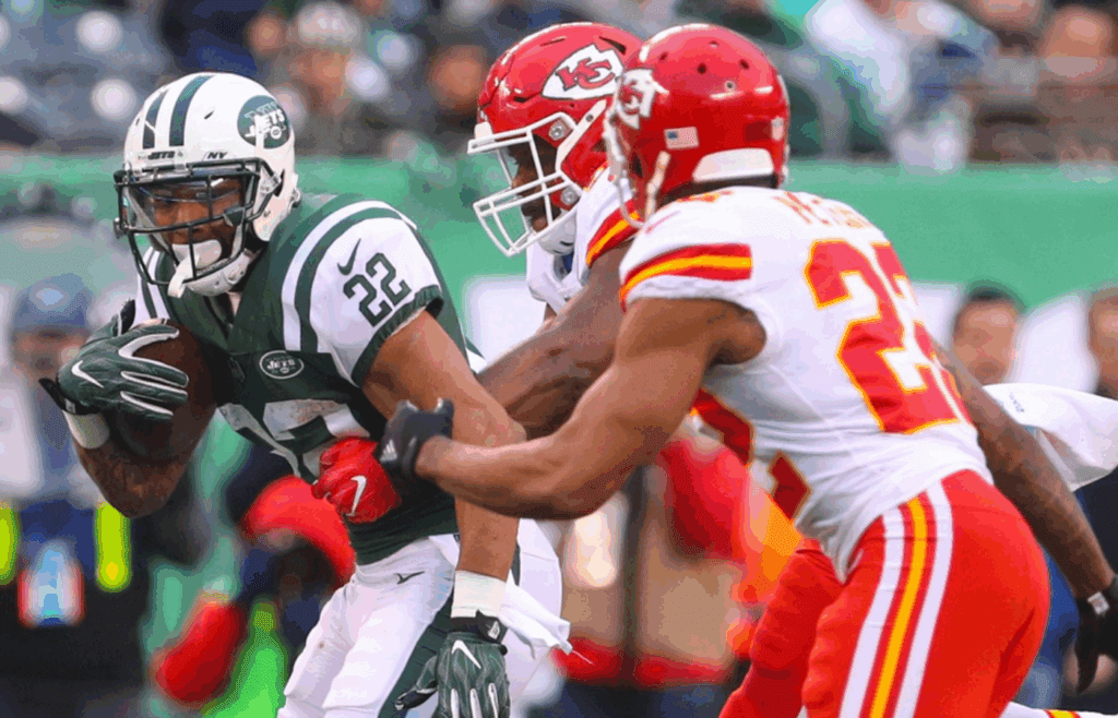 Dec 3, 2017; East Rutherford, NJ, USA; New York Jets running back Matt Forte (22) runs with the ball during the second half against the Kansas City Chiefs at MetLife Stadium. Mandatory Credit: Ed Mulholland-Imagn Images