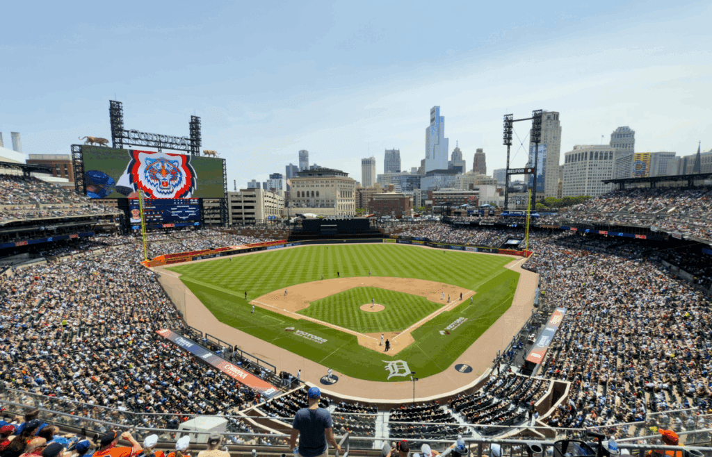Jun 7, 2025; Detroit, Michigan, USA; A general view is seen of the stadium during the game between the Chicago Cubs and the Detroit Tigers at Comerica Park. Mandatory Credit: Rick Osentoski-Imagn Images