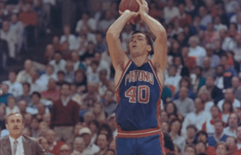 06/10/1990, Portland, Oregon, USA; Pistons' Bill Laimbeers shoots the ball toward the net with the Trailblazers' Coach in the background in the third game of the NBA Finals, Mandatory Credit: Craig Porter, Detroit Free Press, USA Today Network
