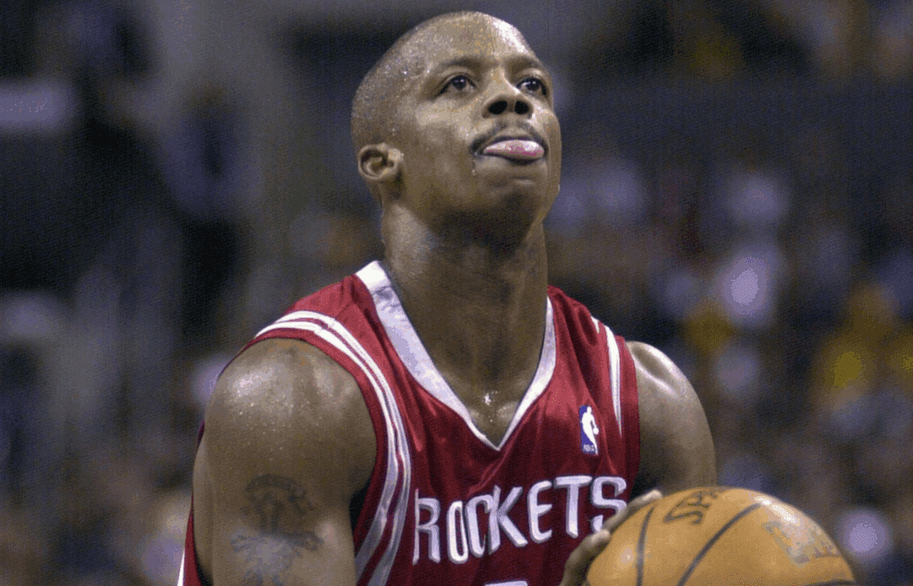 Dec 25, 2003; Los Angeles, CA, USA: Houston Rockets guard Steve Francis shoots a free throw against the Los Angeles Lakers at the Staples Center. The Rockets defeated the Lakers 99-87. Mandatory Credit: Kirby Lee/Image of Sport-Imagn Images