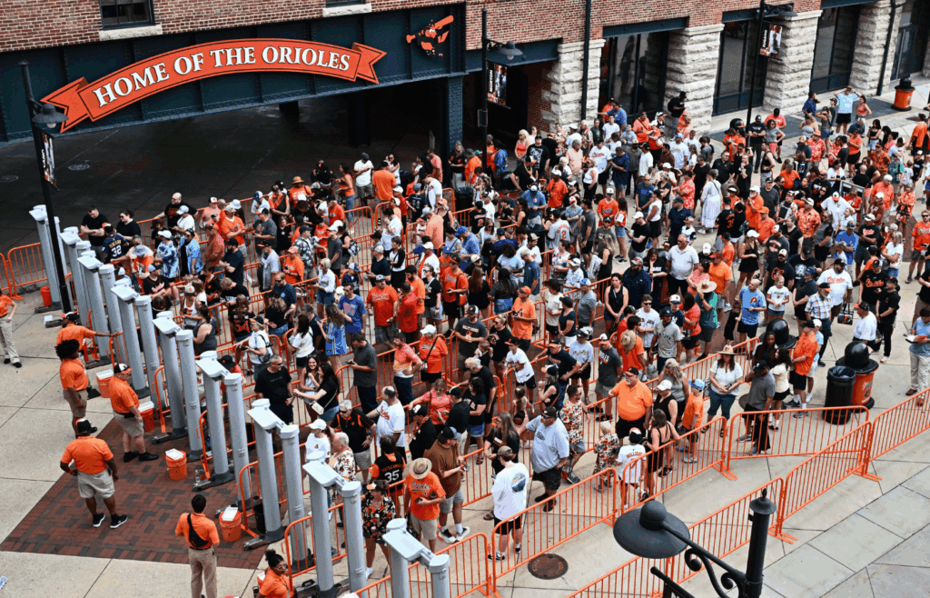 Jul 13, 2025; Baltimore, Maryland, USA; Fans line up to enter the stadium before the game between the Baltimore Orioles and the Miami Marlins at Oriole Park at Camden Yards. Mandatory Credit: James A. Pittman-Imagn Images