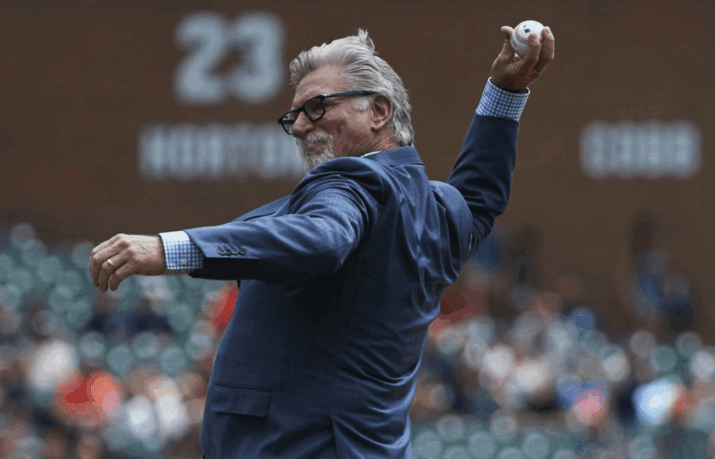 Aug 12, 2018; Detroit, MI, USA; Former Tigers pitcher and member of the 2018 National Baseball Hall of Fame Class Jack Morris throws out a ceremonial first pitch prior to the game against the Minnesota Twins at Comerica Park. Mandatory Credit: Rick Osentoski-Imagn Images
