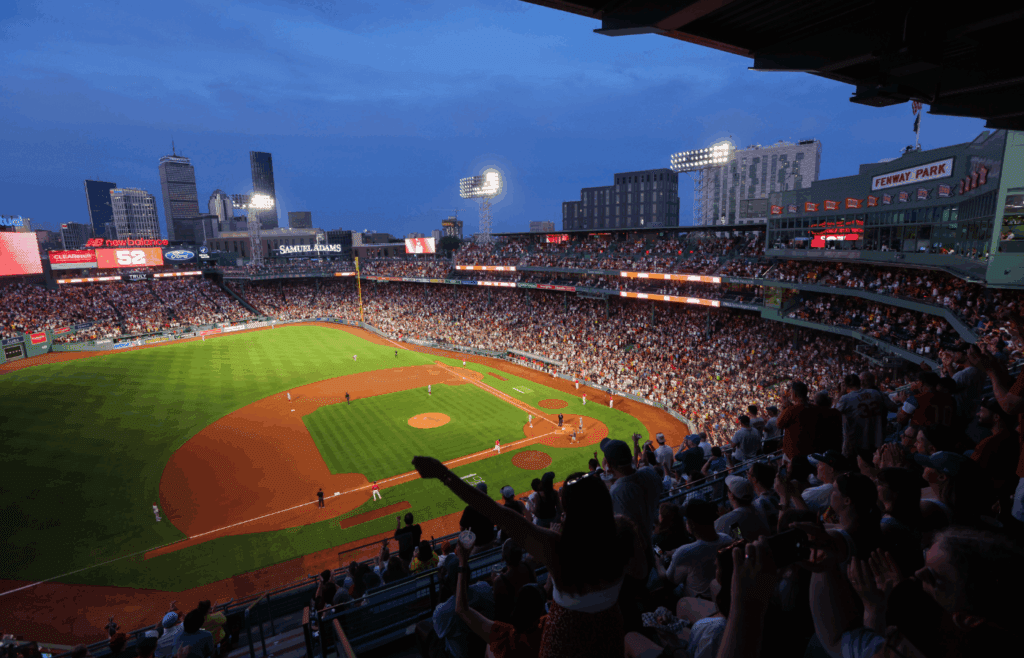Jul 2, 2025; Boston, Massachusetts, USA; Boston Red Sox fans cheer after a home run by Boston Red Sox designated hitter Wilyer Abreu (52) during the sixth inning against the Cincinnati Reds at Fenway Park. Mandatory Credit: Paul Rutherford-Imagn Images