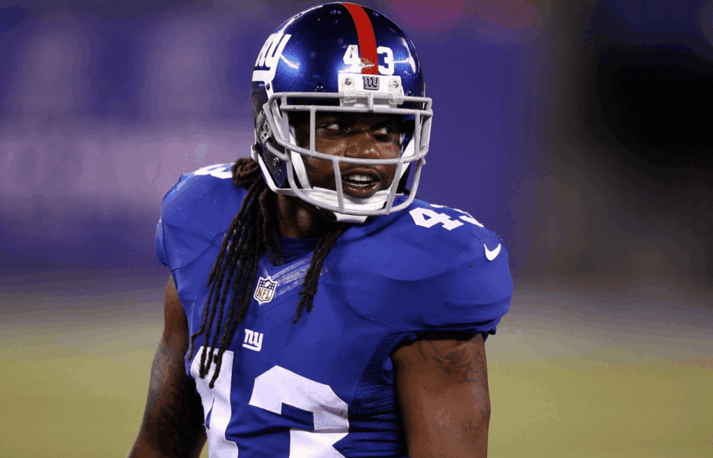 Aug 22, 2015; East Rutherford, NJ, USA; New York Giants safety Brandon Meriweather (43) plays in his Giants debut during the second half against the Jacksonville Jaguars at MetLife Stadium. Meriweather signed earlier in the week. Mandatory Credit: Danny Wild-Imagn Images