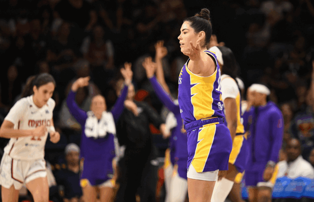 Jul 22, 2025; Washington, District of Columbia, USA; Los Angeles Sparks guard Kelsey Plum (10) celebrates a basket against the Washington Mystics during the fourth quarter at CareFirst Arena. Mandatory Credit: Rafael Suanes-Imagn Images