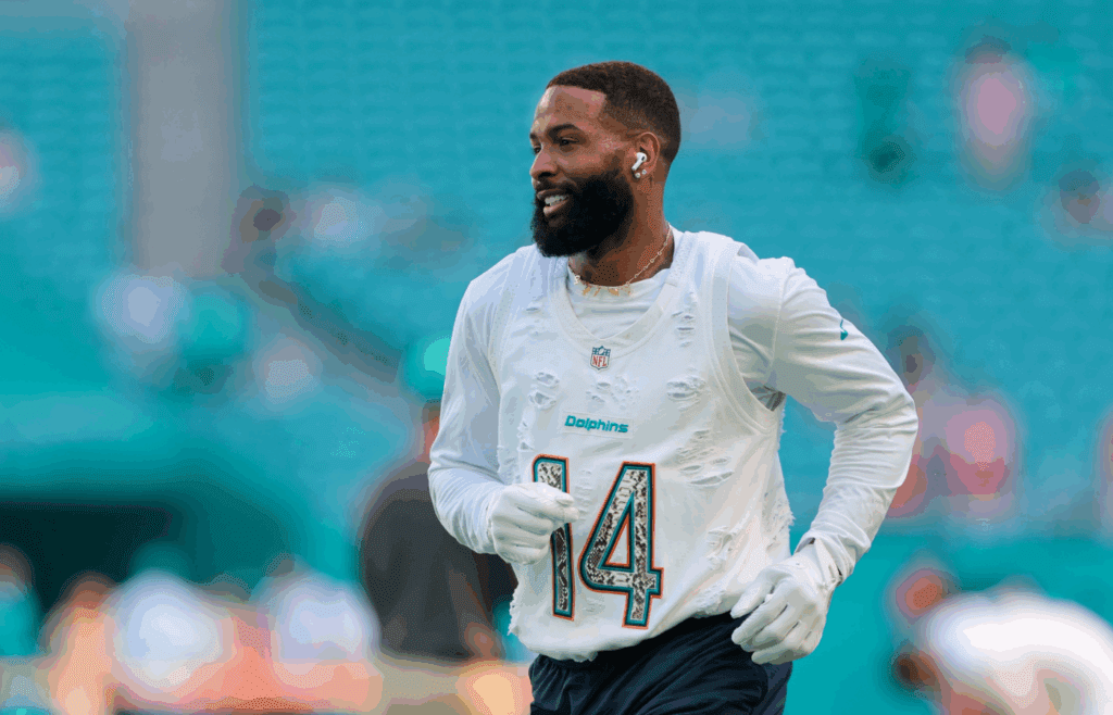 Nov 24, 2024; Miami Gardens, Florida, USA; Miami Dolphins wide receiver Odell Beckham Jr. (3) runs on the field before the game against the New England Patriots at Hard Rock Stadium. Mandatory Credit: Sam Navarro-Imagn Images