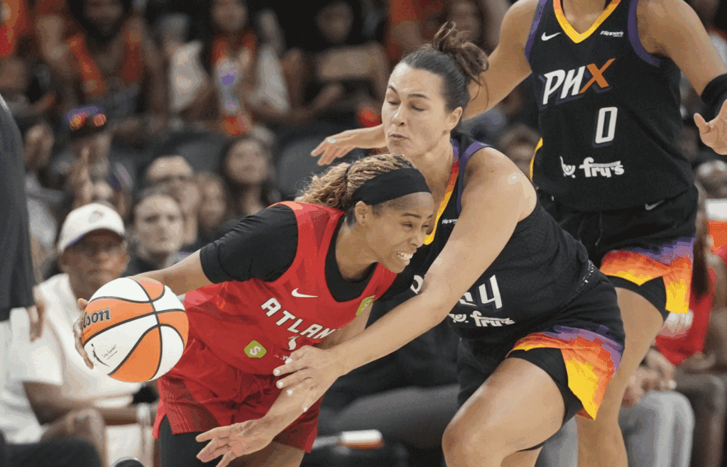 Phoenix Mercury forward Kathryn Westbeld (24) defends against Atlanta Dream guard Jordin Canada (3) during the fourth quarter at PHX Arena July 23, 2025.