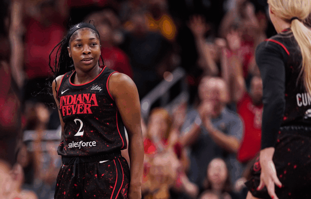 Indiana Fever guard Aari McDonald (2) looks at Indiana Fever guard Sophie Cunningham (8) after scoring three-points on Thursday, July 24, 2025, during the game at Gainbridge Fieldhouse in Indianapolis.