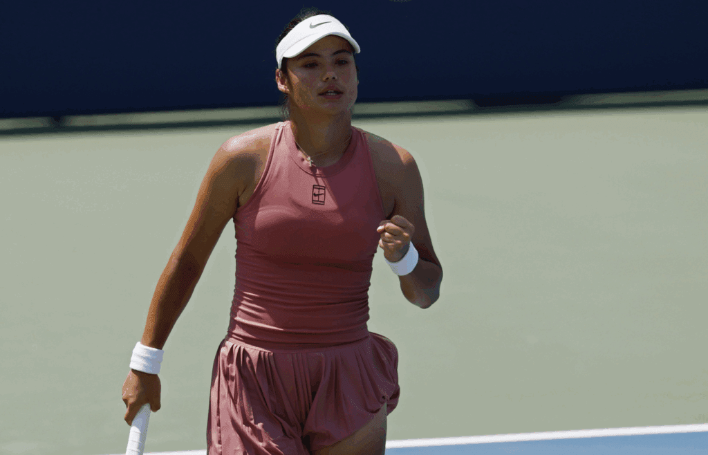 Jul 25, 2025; Washington, D.C., USA; Emma Raducanu (GBR) celebrates after winning a point against Maria Sakkari (GRE)(not pictured) in a women's singles quarter-final of the Mubadala Citi DC Open at Rock Creek Park Tennis Center. Mandatory Credit: Geoff Burke-Imagn Images