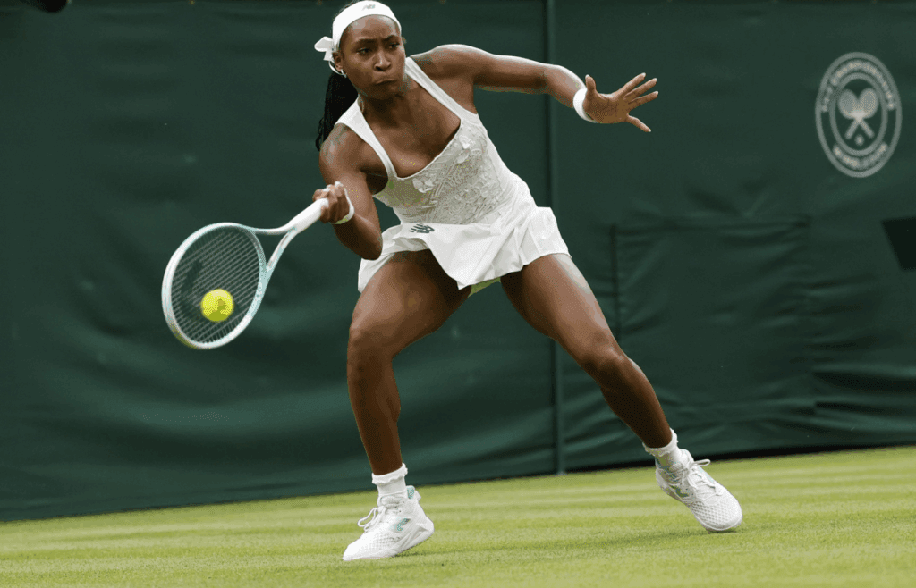 Jul 1, 2025; Wimbledon United Kingdom; Coco Gauff (USA) hits a forehand against Dayana Yastremska (UKR)(not pictured) on day 2 of The Championships, Wimbledon 2025 at All England Lawn Tennis and Croquet Club. Mandatory Credit: Geoff Burke-Imagn Images