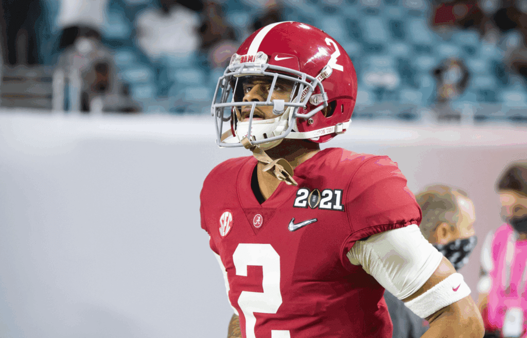 Jan 11, 2021; Miami Gardens, Florida, USA; Alabama Crimson Tide defensive back Patrick Surtain II (2) against the Ohio State Buckeyes in the 2021 College Football Playoff National Championship Game. Mandatory Credit: Mark J. Rebilas-Imagn Images