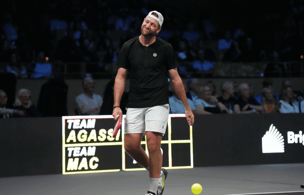 Feb 4, 2024; Hollywood, FL 33314, FL, USA; Jack Sock grimaces after a point during Pickleball Slam 2 at Hard Rock Live at Seminole Hard Rock Hotel & Casino. Mandatory Credit: Jim Rassol-Imagn Images